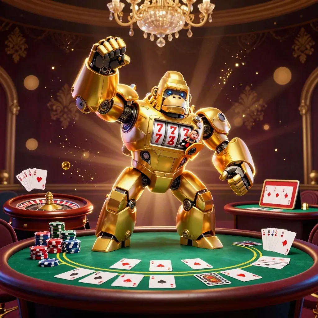 Golden gorilla mech with monkey pilot amid casino tables, chips, aces and neon light