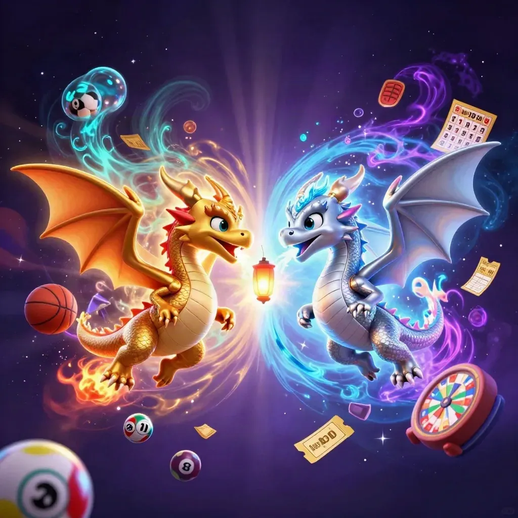 Twin dragons with casino lights, lottery balls, prize wheel, and glowing magic on a dark starfield.