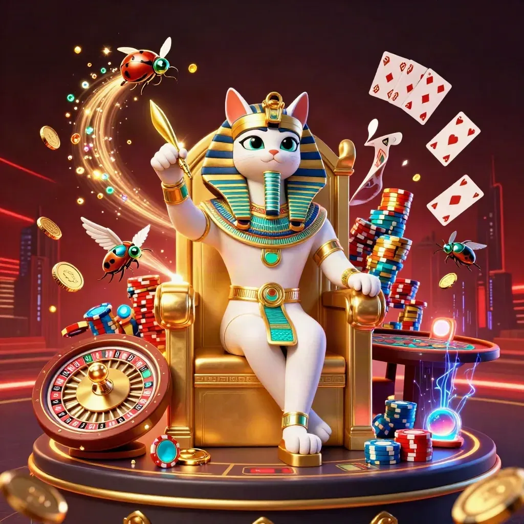 Pharaoh cat, ibis scribe, and gem-wing scarabs amid casino treasure and neon light.