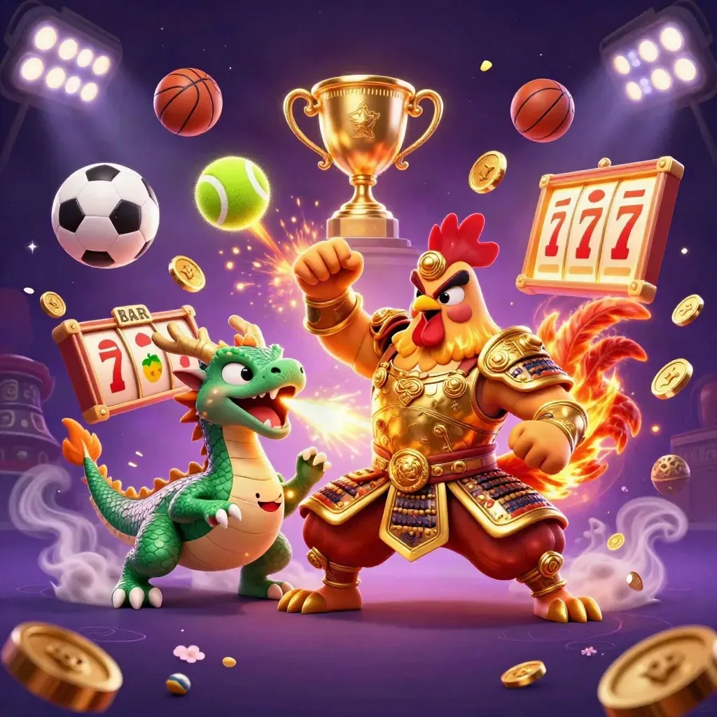 Rooster warrior, dragon hatchling, and fortune-cat amid coins, balls, lights, and glowing casino energy.