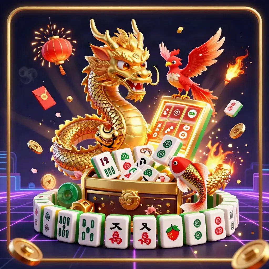 Golden dragon with phoenix and koi amid casino treasures on a dark neon backdrop.