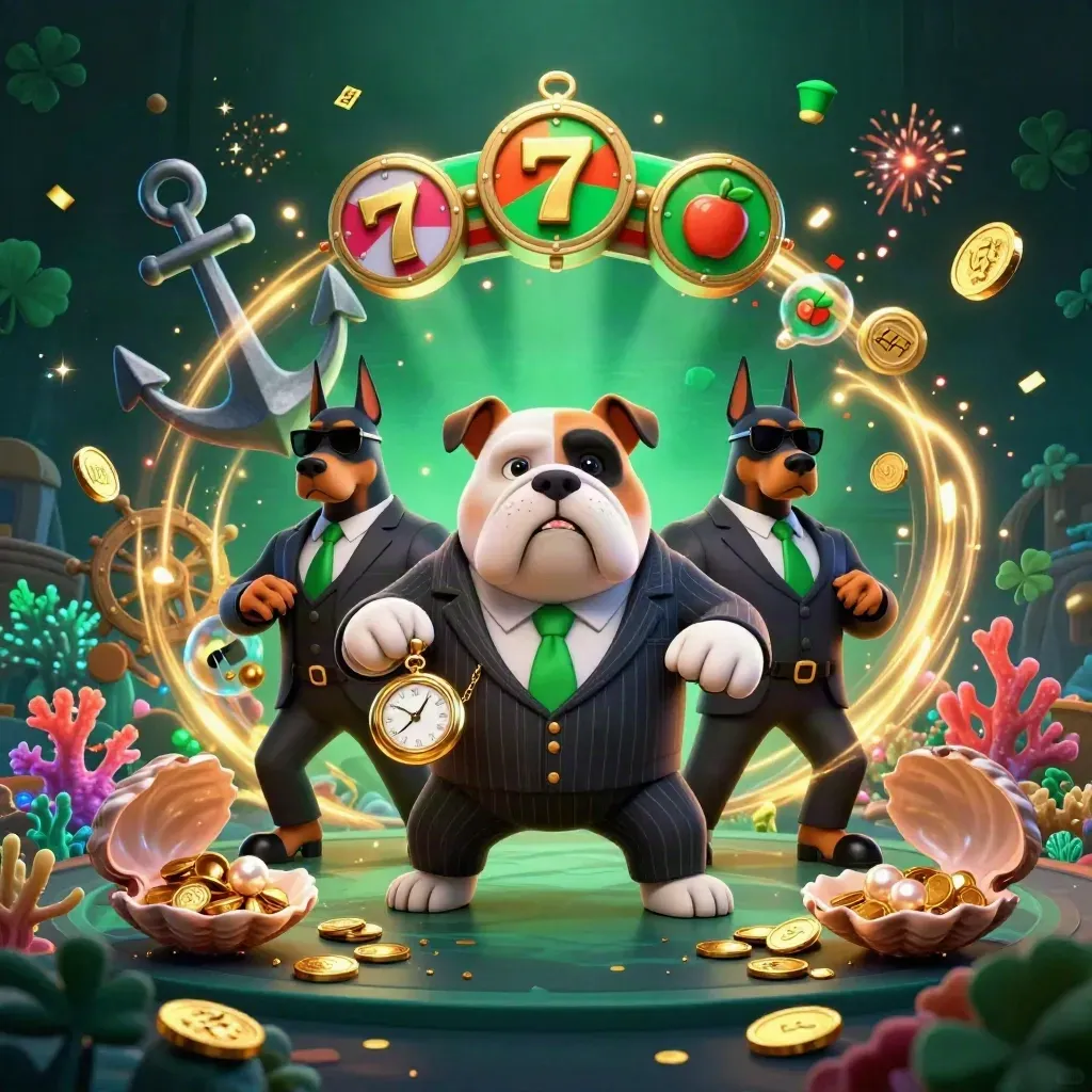 Bulldog mob boss and Doberman guards in a glowing underwater treasure cove, coins and gems bursting
