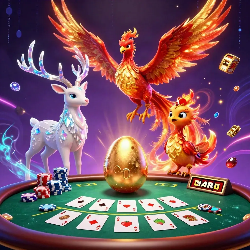 Phoenix, hatching egg, and crystalline stag amid casino chips, cards, and neon energy glow