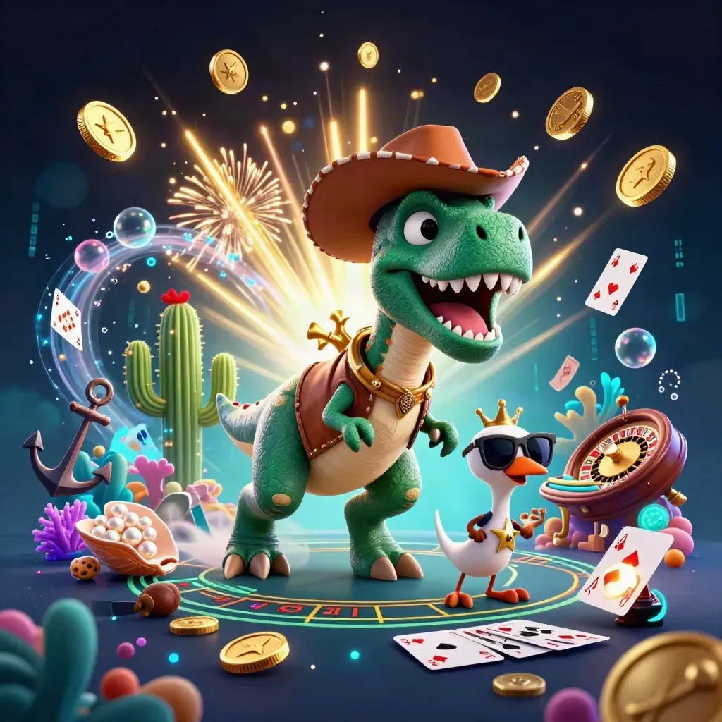 Cowboy T-Rex, cactus sidekick, and sheriff roadrunner amid gold coins, coral, and casino lights.